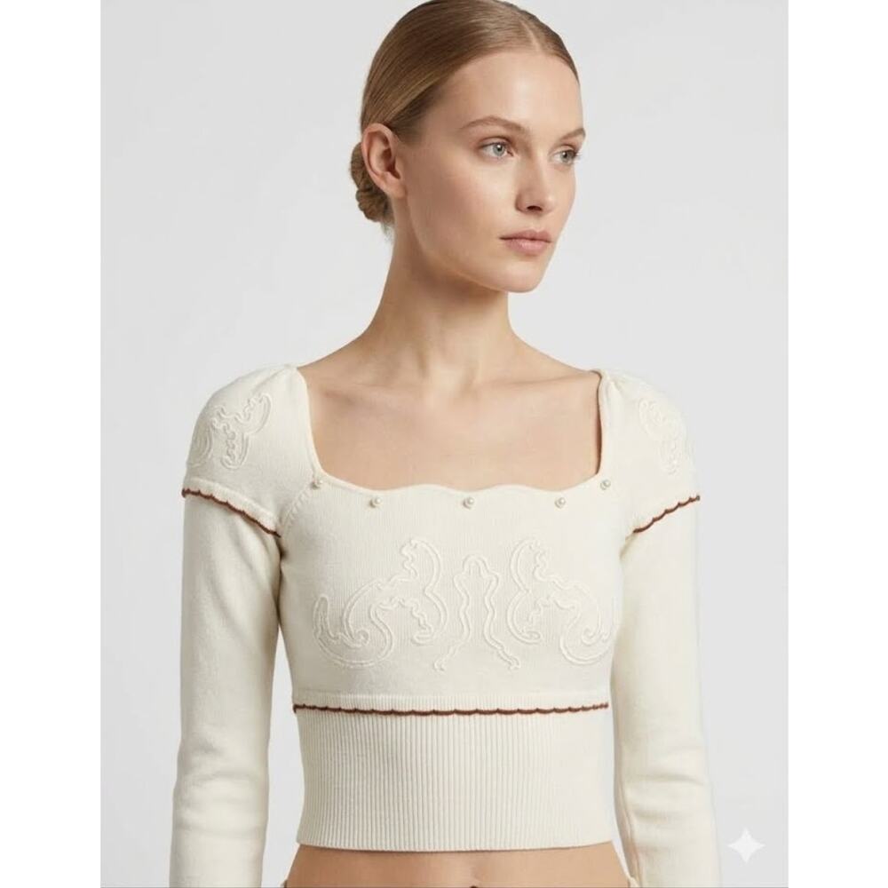 Simple Retro Embroidered Crop Top Long Western Beaded Square Neckline Blouse M